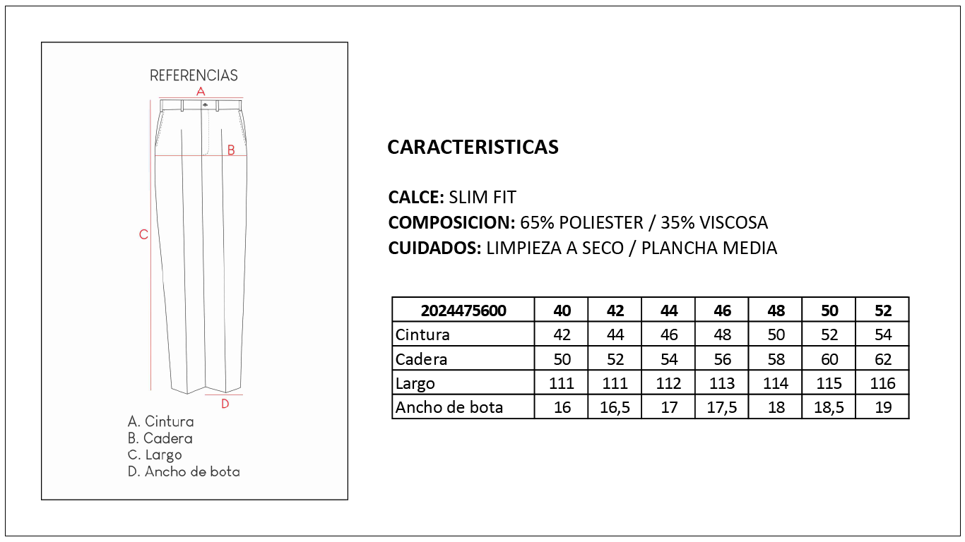 Tabla de Talles Pantal&oacute;n Vestir Hombre Britches